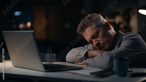 Exhausted office worker seeking respite from laptop work, yearning for rest and relief