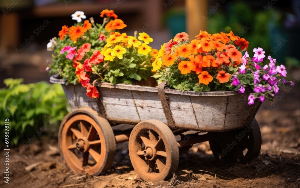 Growing flowers in a flower bed in the form of a cart