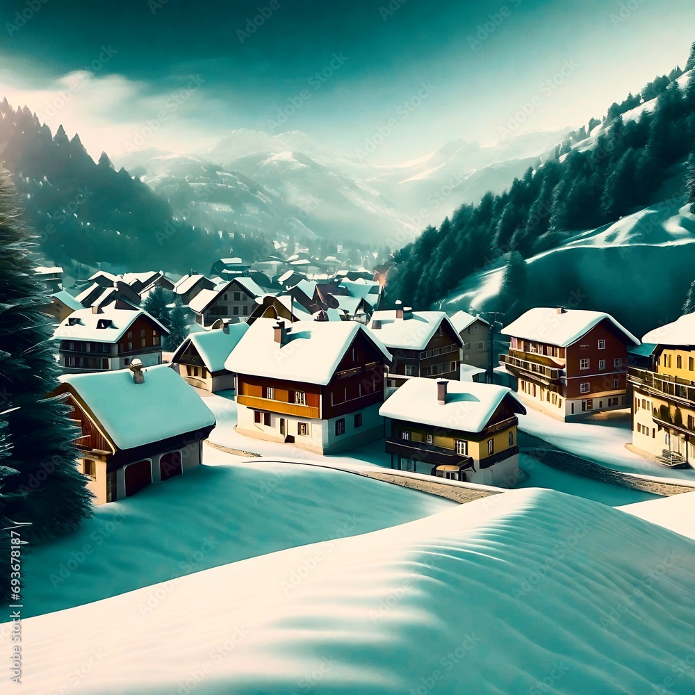 Snow Village Mountain Tree Landscape Winter winter. A serene winter ...