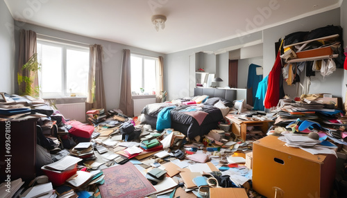Messy room. Compulsive hoarding disorder concept.