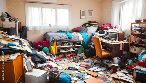 Messy room. Compulsive hoarding disorder concept.