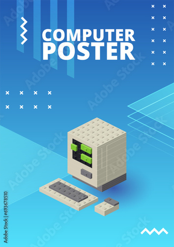 Retro computer poster for print and design. Vector illustration.