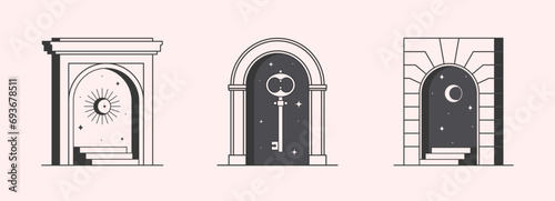Vector mystic logo design templates with portals,crescent moon,sun,stars and key.Surreal abstract illustrations in trendy minimal outline style.Magical emblems.Branding design templates.