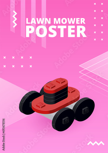Poster with robot lawn mower for print and design. Vector illustration.