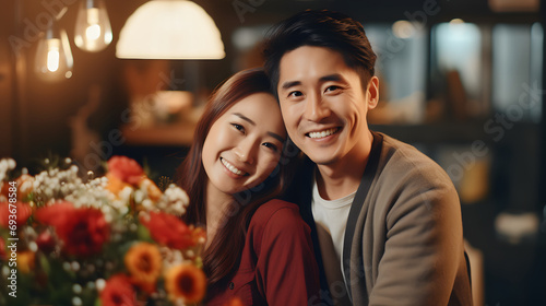 Close up portrait of a young asian couple on a date in cafe, hugging, smiling and loving each other. An asian man and a woman celebrate Valentine's Day. The concept of care and romantic relationships.