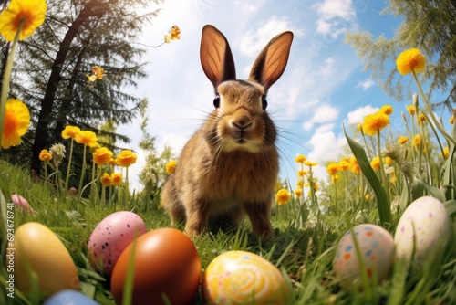 Easter bunny and Easter eggs on green grass. Generative ai image
