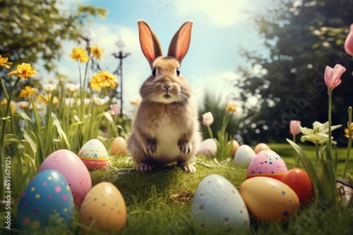 Easter bunny and Easter eggs on green grass. Generative ai image