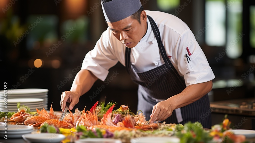 Chef cooking tiger prawn in modern kitchen, perfect for text placement and culinary concepts.