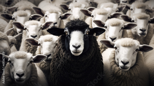 This captivating image captures a black sheep standing out among a group of white sheep against a clean backdrop, representing distinctiveness and diversity. © Mosaic Media