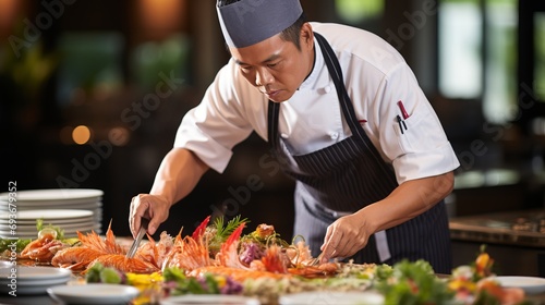 Chef cooking tiger prawn in modern kitchen, perfect for text placement and culinary concepts.