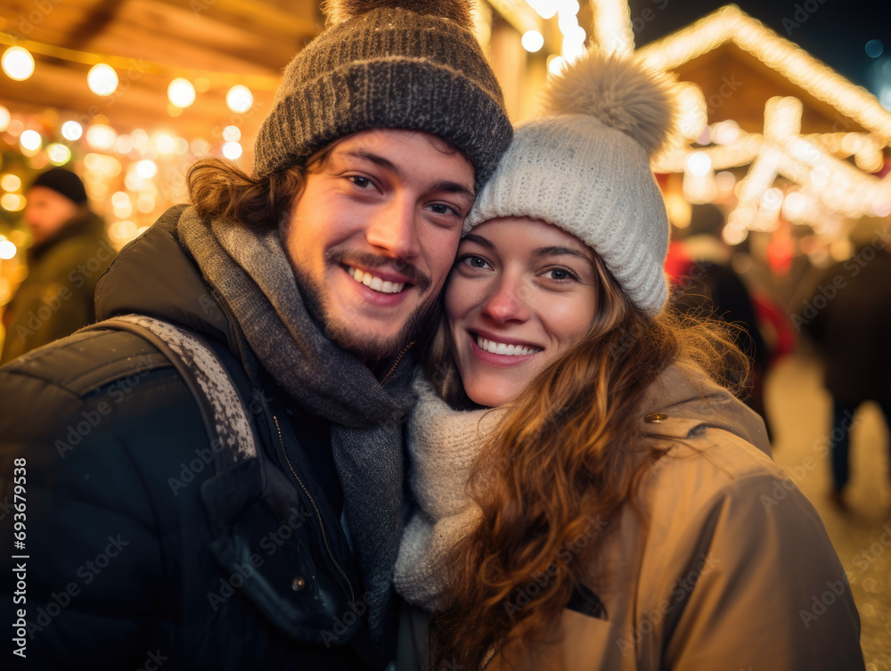 A young couple shares laughs and hot drinks at a Christmas market, immersed in the festive atmosphere with snowflakes all around. A young couple shares laughs and hot drinks at a Christmas market, immersed in the festive atmosphere with snowflakes all around.