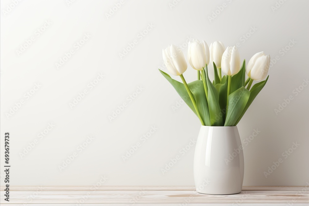 Captivating white tulips in full bloom on a softly lit white table, exuding serene beauty Captivating white tulips in full bloom on a softly lit white table, exuding serene beauty