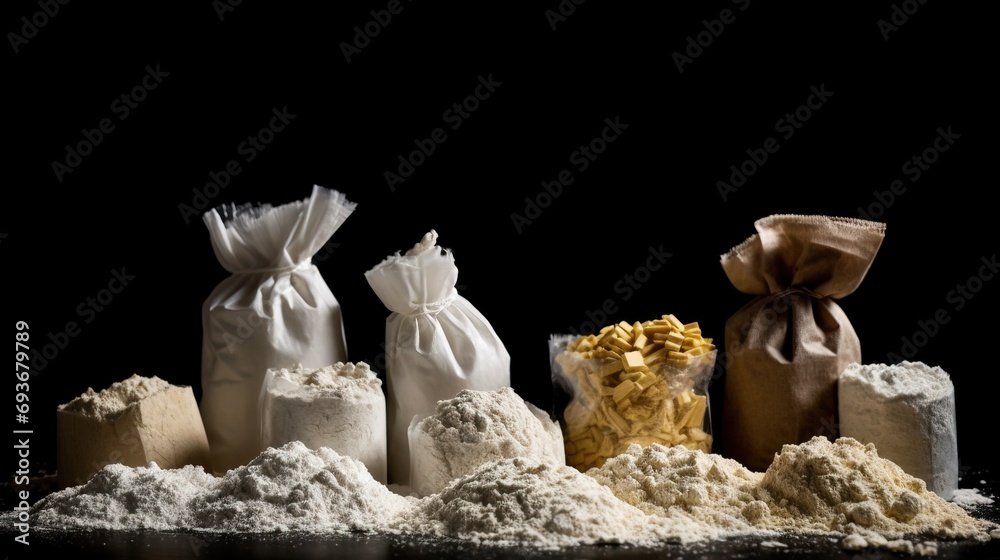 Various types of culinary flour in a row, black background. AI ...