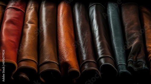 Collection of samples of natural leather for clothes, furniture in row, black background. AI generated. photo