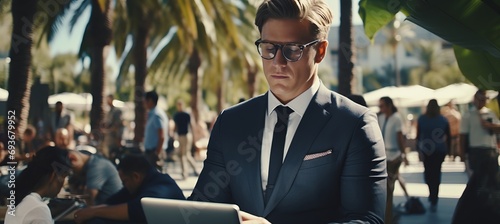 Caucasian male freelancer remotely checking news for publicity work on laptop connected to wi fi
