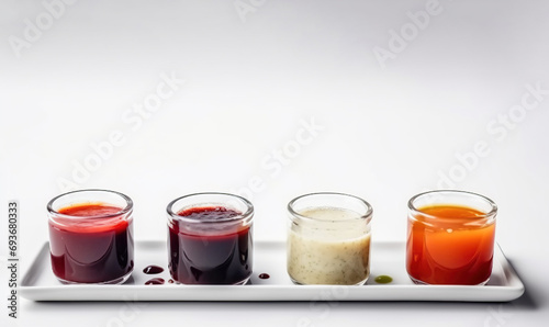 Various sauces, marinades and dressings in small bowls in a row, white background. AI generated.