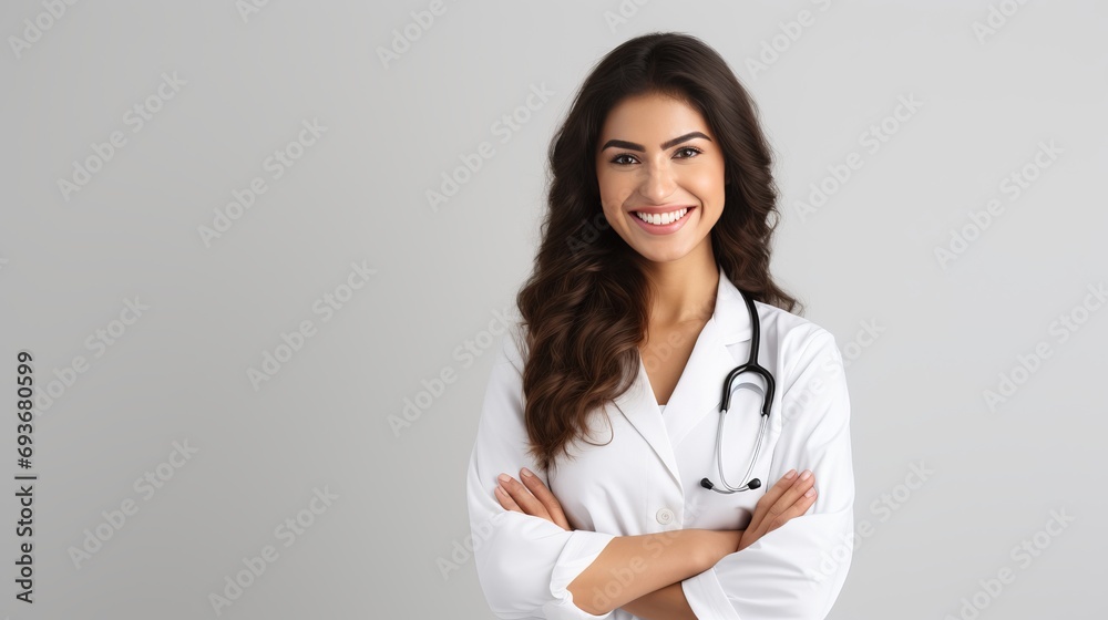 Smiling female doctor with stethoscope posing on grey background, healthcare concept. Smiling female doctor with stethoscope posing on grey background, healthcare concept.