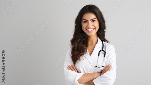 Smiling female doctor with stethoscope posing on grey background, healthcare concept.