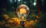 A glowing light bulb, symbolizing green alternative energy, eco-friendly power, sustainability, efficiency, and renewability.