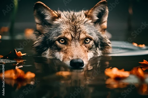 A wolf immersed in water with its head above the surface, surrounded by dark water and orange flowers, eyes intently gazing forward. photo
