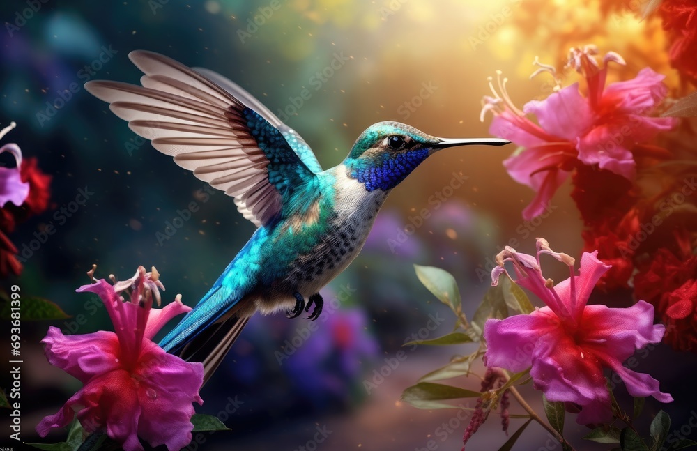 Fototapeta premium a blue bird flying among red and white flowers