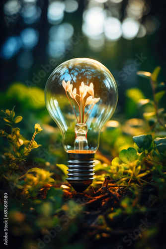 A glowing light bulb, symbolizing green alternative energy, eco-friendly power, sustainability, efficiency, and renewability.