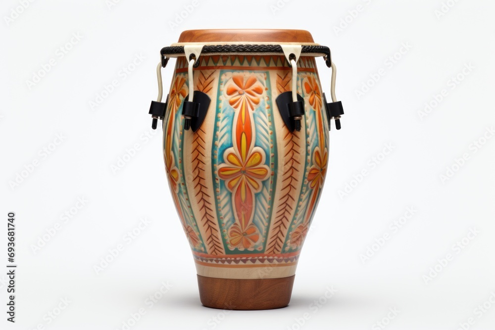 Wooden conga drum with carved ornaments isolated on a white background. Traditional percussion musical instrument of Afro-Cuban culture. Suitable for music-related projects and cultural designs - obrazy, fototapety, plakaty 