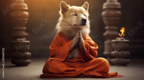 Sage dog in monk attire in meditation pose in the temple. Doggy guru meditates, achieving nirvana. Suitable for spiritual or humorous content. photo