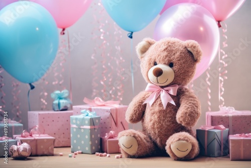 a brown bear sits at the top of a table with two balloons and several gift boxes
