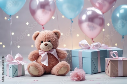 a brown bear sits at the top of a table with two balloons and several gift boxes