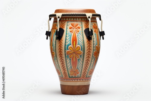 Wooden conga drum with carved ornaments isolated on a white background. Traditional percussion musical instrument of Afro-Cuban culture. Suitable for music-related projects and cultural designs photo