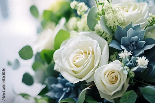 Close-up of elegant white roses and blue succulents arranged amidst green leaves and tiny white flowers, creating a serene and lush bouquet with a soft-focus background. photo