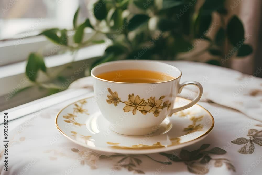 Elegant porcelain tea cup with floral design on saucer, filled with amber-colored tea, on a white tablecloth by a window with a green plant. Elegant porcelain tea cup with floral design on saucer, filled with amber-colored tea, on a white tablecloth by a window with a green plant.