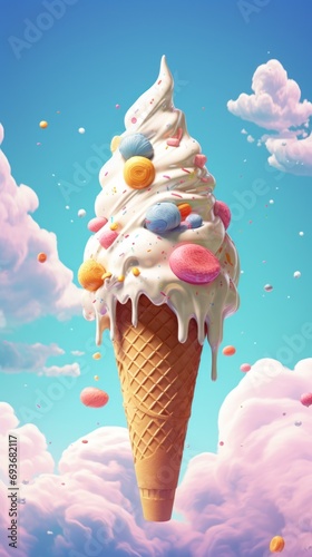 Giant yummy Ice Cream Cone hovers among clouds. Bright delicious sweet dessert with topping. Paradisaic delight. In pink blue colors. Perfect for creative marketing, imaginative content, dreamy visual
