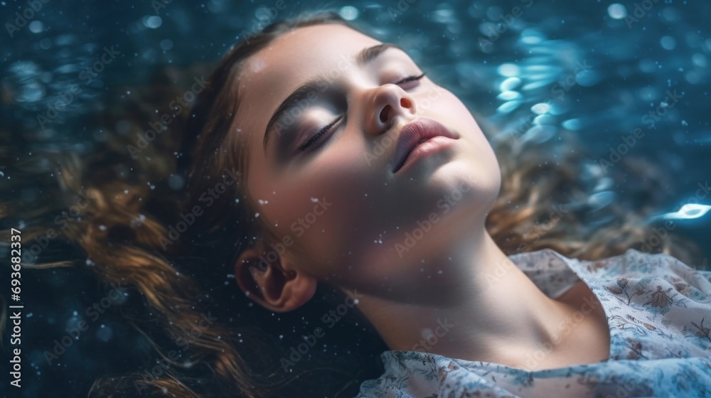 Sleeping cute girl lies with her eyes closed, immersed in deep sleep. On dark blue bokeh background like sea. Refreshing dream. Sound sleep, pleasant dreams. Copy Space.