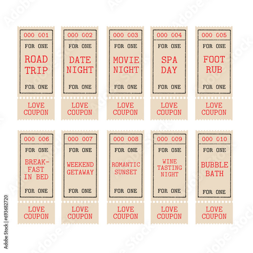 Retro valentine’s day ticket collection. Vintage love vouchers and coupons with text and numbers. Road trip, getaway, sunset, movie, date, wine, bath etc. Isolated on white background. Vector set.