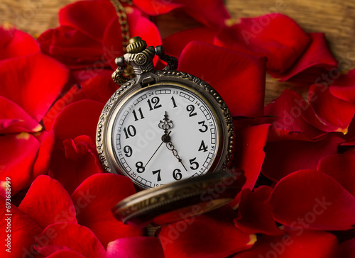 Red Rose and pocket watch, time, background