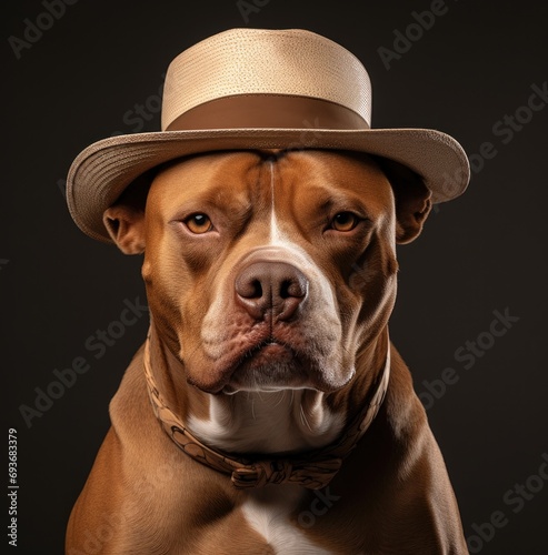 a pit bull dog wearing sunglasses with a hat