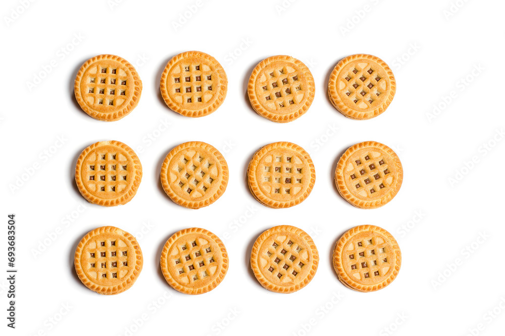 Round vanilla cookies on white background