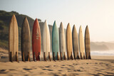 a row of surfboards at the beach