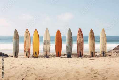 a row of surfboards at the beach