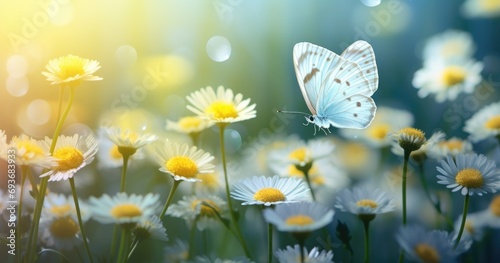 a white and yellow butterfly sitting near a flower © olegganko
