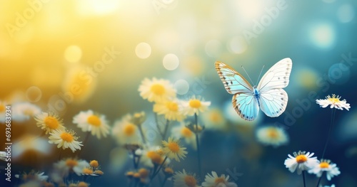 a white and yellow butterfly sitting near a flower