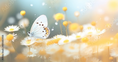 a white and yellow butterfly sitting near a flower
