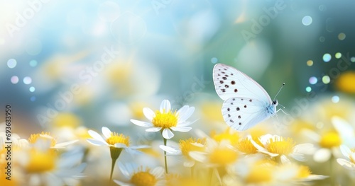 a white and yellow butterfly sitting near a flower © olegganko