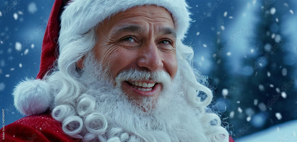 a cheerful santa claus in snow, gray hair, beard, costume, bobble hat, evening, good mood, smiling, laughing, joyful, christmas time, gifts, old man a cheerful santa claus in snow, gray hair, beard, costume, bobble hat, evening, good mood, smiling, laughing, joyful, christmas time, gifts, old man