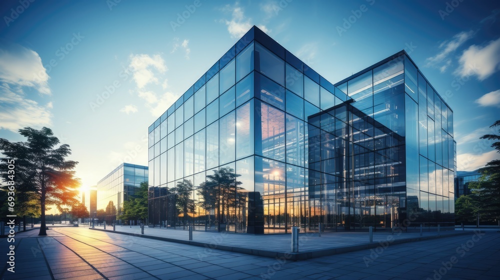 Contemporary business building, steel and glass, symbolizing progress