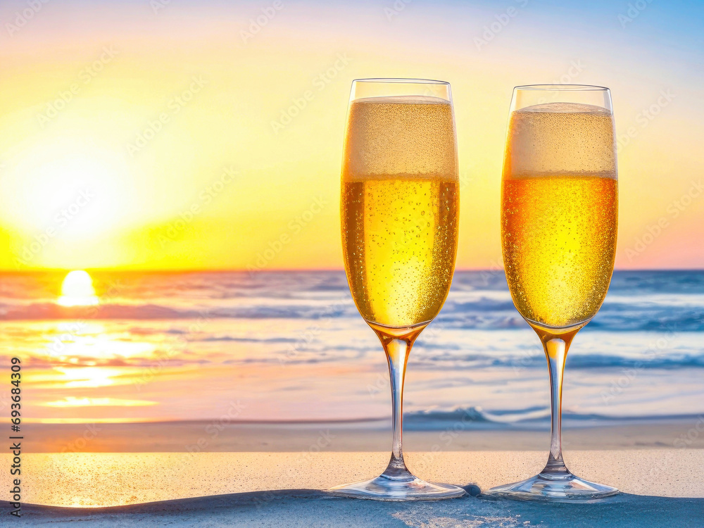 Glasses of champagne. Celebration toast at sunset on a sandy beach, ocean shore. With space for text. Generative AI