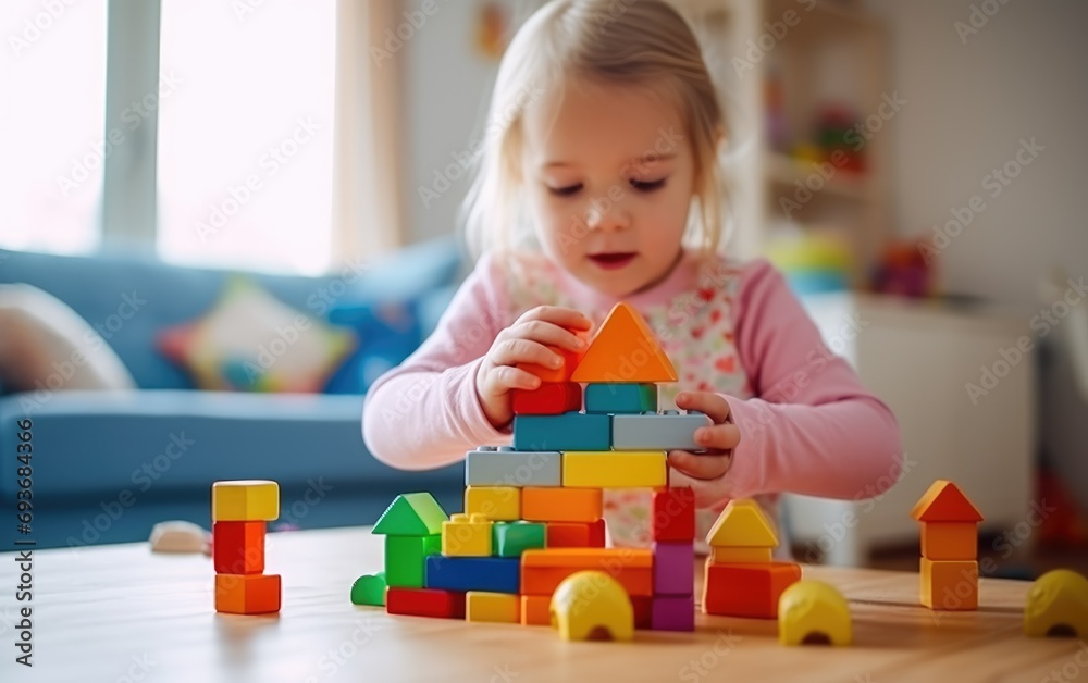 A child plays with building block toys in its own room A child plays with building block toys in its own room