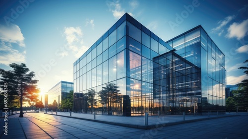 Contemporary business building, steel and glass, symbolizing progress